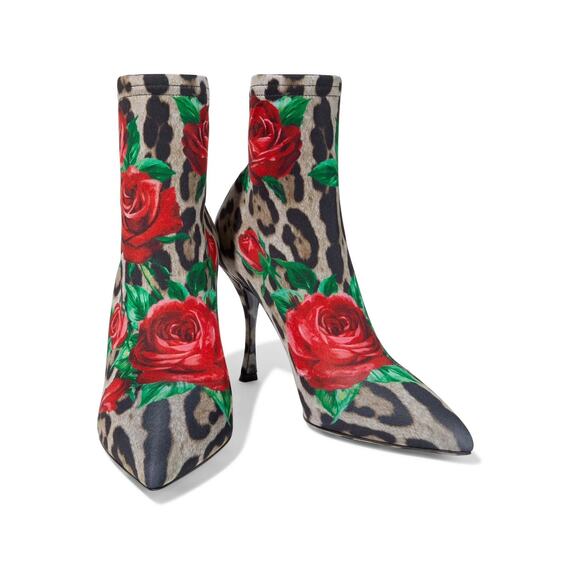 Dolce & Gabbana Floral Leopard Rose Print Stretch booties boots Tan Red 40 - Picture 3 of 9